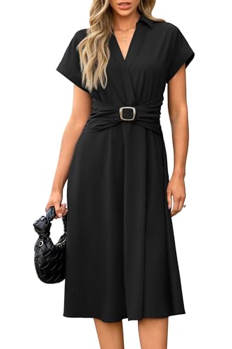Newshows Womens Wear to Work Teacher Business Casual Dress Funeral Midi Dresses Button Down Office Clothes with Pockets