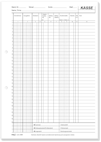 RNKVERLAG- EDV-Kassenbuch mit DATEV gerechtem Aufbau, im DIN A4 Format, perforiert, selbstdurchschreibend, Kassenbuch mit 2 x 50 Blatt (1x Weiß, 1x Durchschrift in Gelb), 1 Stück