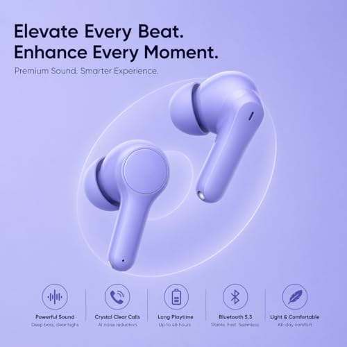 Image of Lynacz Original Premium Bluetooth Earbuds T200 Lite Compatible with Realme, iQOO, Oppo, Vivo with Hi-Res Audio, 12.4mm Dynamic Bass Drivers, ANC & 48 Hours Playback (Aurora Purple)