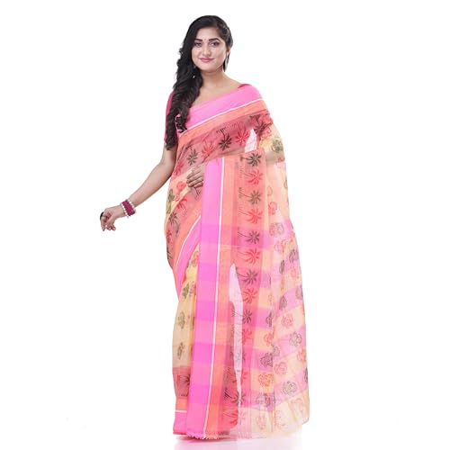 Image of dB DESH BIDESH Women`s Bengal Tant Tree Print Design Pure Handloom Cotton Saree Without Blouse Piece