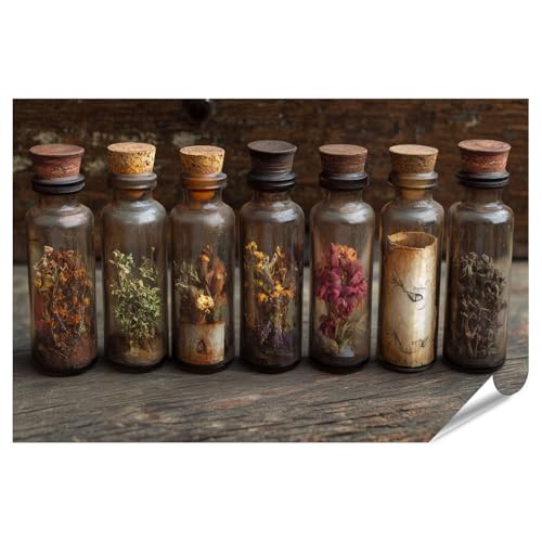 islandburner Prime Image Poster de bouteilles de pharmacie anciennes avec fleurs séchées et herbes pour la cuisine, les amoureux de la nature, les épiceries, impression photo de qualité supérieure