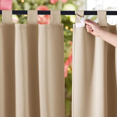 AMAZON - NICETOWN Patio Blinds Outdoor Waterproof Curtains, Detachable Sticky Tab Top Room Darkening Thermal Insulated Outdoor Drapes Privacy for Hall/Yard, 2 Pieces, W52 x L120, Biscotti Beige