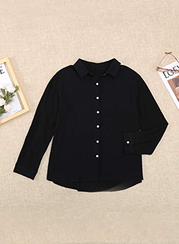 Astylish Womens Long Sleeve V Neck Solid Linen Blouse Button Down Shirt Tops Work Clothes for Women Office Black Medium