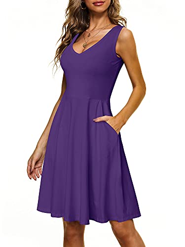 Image of HUHOT Womens Sleeveless V Neck Dress with Pocket Summer Beach Midi Flared Tank Dress