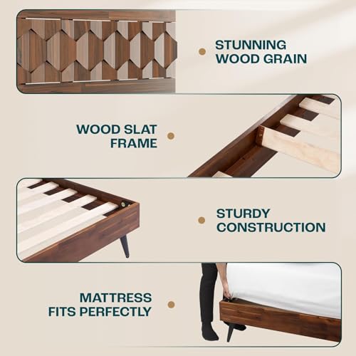 Image of Bme Georgina Queen Bed Frame and Headboard, Signature Handcrafted Geometric Design, US Patent Pending Design, Solid Wood, No Box Spring Needed, 12 Strong Wood Slats Support, Easy Assembly, Dark Choco