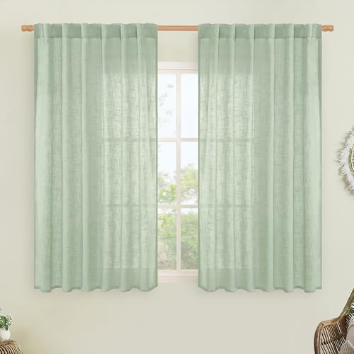 LAMIT Semi Sheer Linen Curtains 45 Inches Long, Light Filtering Panels Back Tab and Rod Pocket Neutral Drapes for Kitchen/Window/Bedroom, Fresh Green, 2 Panels, 52 x 45 Inch