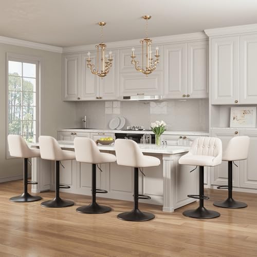 Image of MALOL Bar Stools Set of 6, Swivel Bar Chairs, Modern Adjustable PU Leather Upholstered Barstools Counter Height with Tufted Back for Bar, Kitchen Counter Island, Dining Room, Beige
