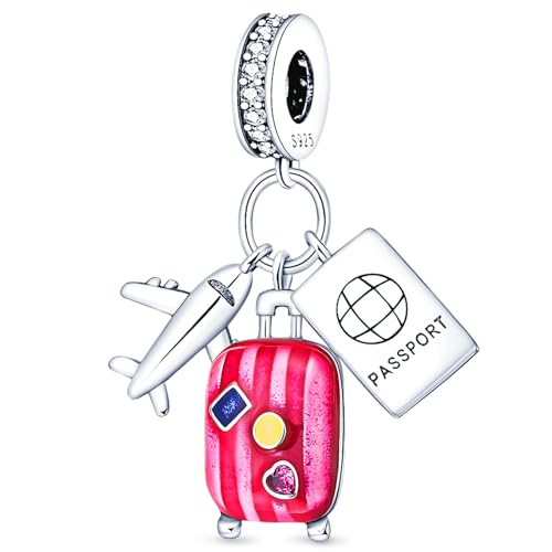 925 Sterling Silver Charms Beads for Bracelets Necklaces, Airplane Passport Sister Heart Coffee Music Book Travel Pendant, Pink Color Cute Animal Jewelry Graduation Birth Gifts for Women Men