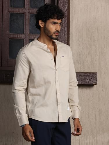 Image of Thomas Scott Men's | Solid | Full Sleeve | Slim Fit | Linen Blend | Mandarin Collar | Casual Shirt