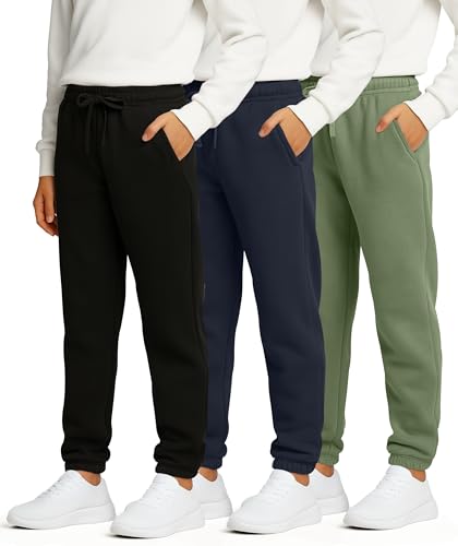 Real Essentials 3 Pack: Boys Tech Fleece Jogger Active Sweatpants with Pockets - Youth Soft Athletic Joggers (Size 6-24)