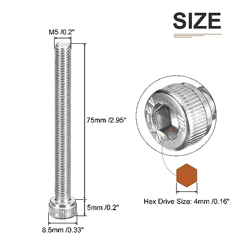 DTGN M5x75mm Socket Head Cap Screws Bolts, 10Pcs 304 Stainless Steel 18-8, Metric Machine Hex Socket Screw, Hex Drive - Image 2