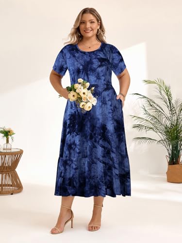 Image of LARACE Plus Size Dresses for Women Summer Casual Short Sleeve Long Dress Flowy Maxi Beach Dresses with Pockets L-6XL
