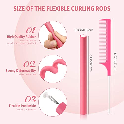 60 Pieces Flexi Rods Flexible Curling Rods Hair Curlers Rollers Twist Flexi Rods Hair Curlers Set No Heat Hair Rods Rollers Flexible Rods For Long Short Hair Women Girls (Pink, 0.3 X 7 Inch) #TOP1
