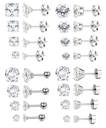 Finrezio 16 Pares Pendiente Plata Acero Inoxidable para Mujeres Hombres Pendiente Piercing Oreja Tragus Cartílago CZ Pendientes Tuerca Hélice Pendientes Espalda Plana