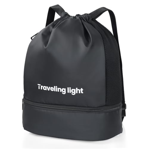 Cozary Mochila com cordas, bolsas de cordas, grande capacidade com compartimentos, impermeável, ideal para desporto, viagens e fitness, com compartimento para sapatos e várias malas - preto