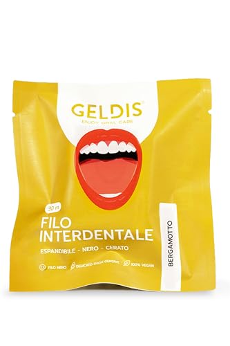 GELDIS Filo Interdentale Espandibile Nero, Gusto Bergamotto, Rimuove Placca in Profondità, Con Cera Vegetale, Per Gengive Sensibili, 30m Senza Plastica