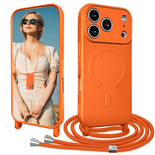 Galful Funda Magnética para iPhone 17 Pro MAX Carcasa con Cuerda[Compatible con Magsafe] TPU Silicona Case con Correa Colgante Ajustable Collar Anti-Choque Anti-arañazos Case-Naranja
