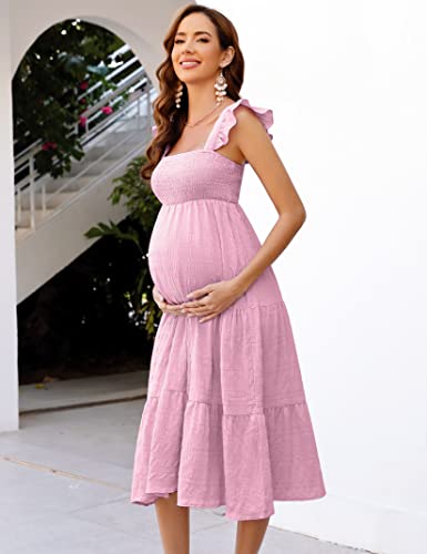 Image of KOJOOIN Womens Maternity Dress Summer Sleeveless Smocked Square Neck Ruffle Casual Boho Midi Dress Baby Shower Photoshoot