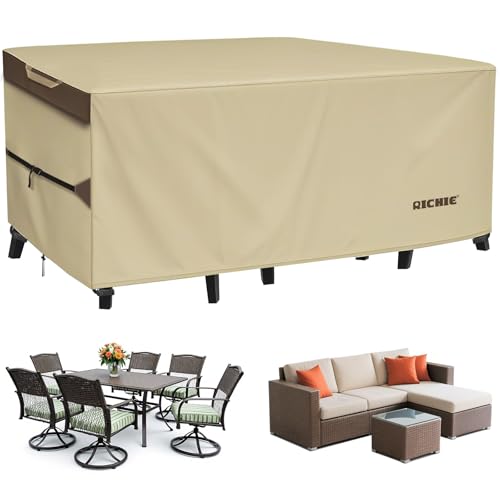 RICHIE Outdoor Patio Furniture Cover - Heavy Duty Waterproof 600D Tough Canvas Protector for Rectangular Table Cover All-Season Dining Table and Chair Covers (62L x 44W x 28H Inch)