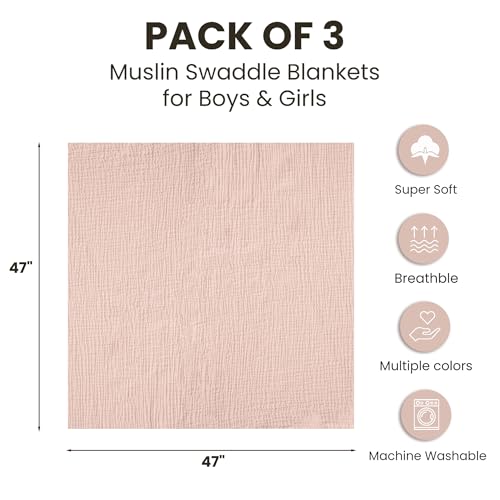 Image of Konssy 3 Pack Muslin Swaddle Blankets for Unisex, Newborn Receiving Blanket, Large 47 x 47 inches, Soft Breathable Muslin Baby Swaddles for Boys & Girls