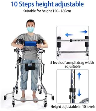 Upright Walker with Seat for Seniors, Hemiplegia Rehabilitation Standing Frame, Portable Walking Aid with 10 Adjustable Height Levels for Adults