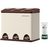 SONGMICS Mülleimer für die Küche, 3 x 8 Liter, Abfalleimer aus Metall, 3-in-1 Treteimer, Mülltrennung, Mülltrennsystem, mit 15 Müllsäcken, einfach zu reinigen, Stahl, cremeweiß-braun LTB024A01