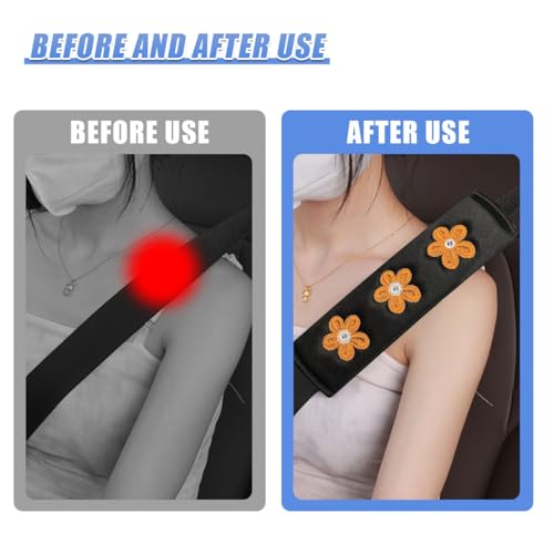 Image of 4PCS Daisy Flower Car Seat Belt Cover Pads, Protect Neck, Orange | Soft Breathable Auto Seat Shoulder Strap Pad, Comfortable Seatbelt Cushion, Vehicle Interior Decoration for Cars, Trucks