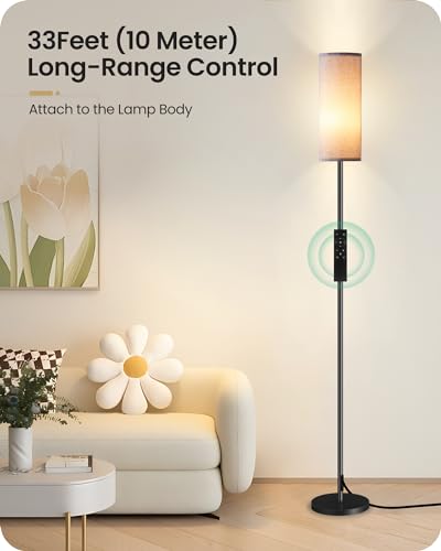 Image of Dimmable Gray Floor Lamp for Living Room with Remote and Foot Switch, Corner Floor Lamp for Bedroom, Modern Standing Tall Lamp, 10W 900LM Bulb Included, 3000K-6500K, Linen Shade, FCC Listed H06LD05W1