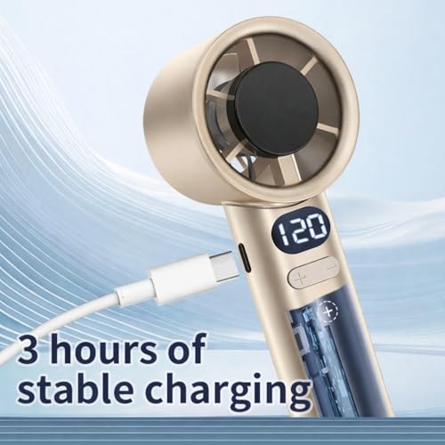 Image of One94Store Handheld Rechargeable Fan, Portable Mini Electric Fan with 1200mAh Battery, 120 Speed Levels with Long-Press Speed Control, Personal Fan for Travel, Office & Home, Blaze Gold