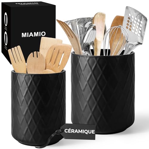 MIAMIO – Support d'Ustensiles de Cuisine en Céramique / Ensemble Organisateur de Cuisine, Décoration de Ferme pour l'Organisation du Comptoir et le Rangement des Couverts, Cuillères (Noir)