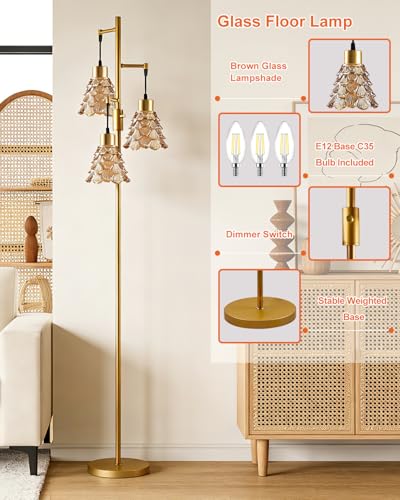 Image of 3-Light Modern Glass Floor Lamp, Gold Standing Tall Lamp with Amber Pinecone Glass Shade for Reading, Dimmable LED Floor Lamp with 5Lbs Heavy Base for Living Room Bedroom Home Decor, Bulb Included