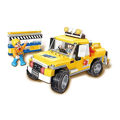 Assembled COGO 3031 block set showing a yellow pickup truck with a construction barrier and a figure.