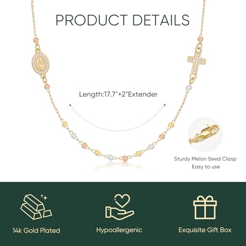 Gold Rosary Beads Cross Necklace - 14k Gold Plated Virgin Mary Necklaces,Non Tarnish Golden Catholic Virgen de Guadalupe Choker Jewelry,Religious Rosarios Catolicos Baptism Confirmation Gift for Women4