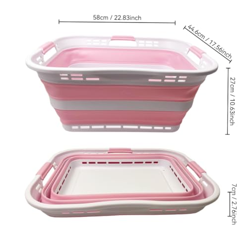 Image of SAMMART Set of 2 Collapsible Plastic Storage Basket - Foldable Pop Up Storage Container - Portable Laundry Organizer - Space Saving Hamper (White /Cherry Pink, 42L (Style A))