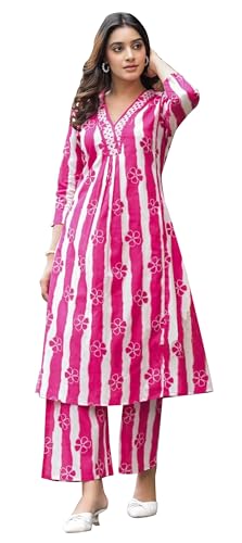 TRAFAART Cotton Kurta and Pant Set Women's A-Line Printed Kurti Co-ord Sets Indian Two Piece Outfits (Pink-Large)