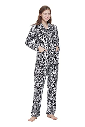 Amaxer Thermo Flanell Schlafanzug Damen 100% Baumwolle Pyjama Set Lang Winter Warmer Sleepwear | Schwarzer und rosa Leopard, M