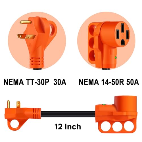 Image of 30 Amp to 50 Amp RV Adapter Cord, Dogbone TT-30P to 14-50R | RV Electrical Power Adapter with LED Indicator, 10 Gauge Cable with Grip Handle, ETL Listed for Camper Travel Trailer 12 Inch