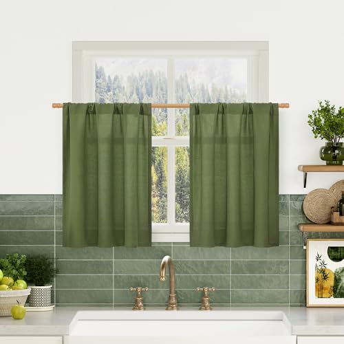 Image of LAMIT Linen Curtains 24 Inch Length for Kitchen Cafe, Olive Green, 2 Panels