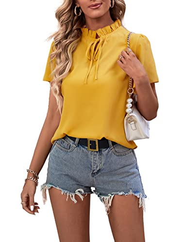 Lyaner Women's Elegant Frill Mock Neck Ruffle Short Sleeve Blouse Work Shirt Top Yellow Medium #TOP4
