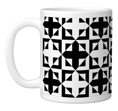 Black-White Rectangle Cross Monochrome Optical Pattern Ceramic Mug, White