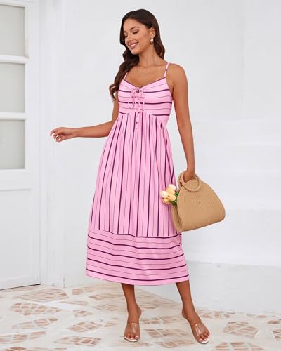 Image of Fashionme Womens Summer Maxi Dresses 2026 Trendy Striped Vacation Boho Beach Spaghetti Strap Sundress Back Tie with Pockets
