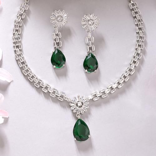 Image of ZENEME Rhodium Plated Brass Silver Toned Luxurious Sparkle Pink Necklace & Earring Jewellery Set For Women & Girls