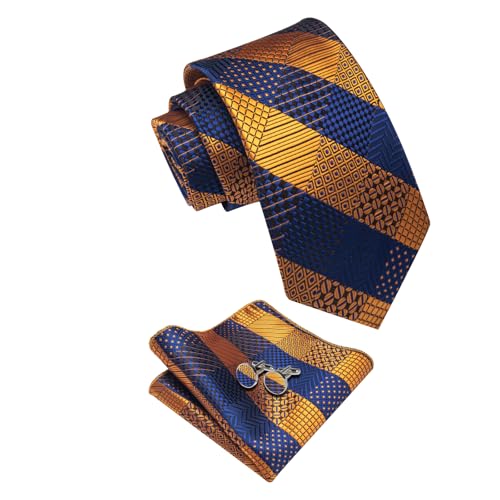 Image of YourTies Striped Plaid Ties for Men Silk Formal Necktie Set | 3.15 inch(8cm) Woven Jacquard Mens Ties with Necktie Pocket Square Cufflink Tie Clip Lapel Pin for Wedding Business Party