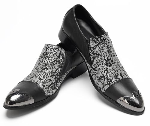 Santimon Men’s Slip-On Loafers Dress Shoes with Metallic Cap Toe – Formal Leather Loafers with Embroidered Brocade Pattern – Stylish Party & Wedding Shoes for Men4