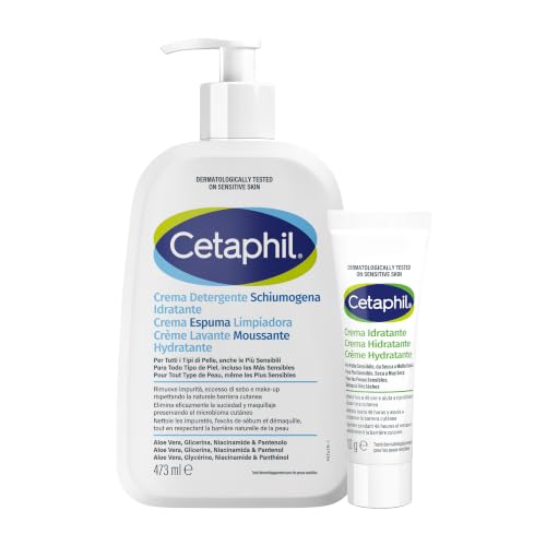 CETAPHIL Crema Espuma Limpiadora Facial para Piel Sensible, Normal a Seca, enriquecida con Aloe Vera, Niacinamida, Pantenol y Glicerina, No Comedogénico, 473ml + Crema Hidratante Mini 10gr