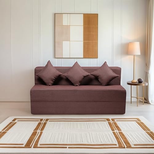 Image of Amazon Brand - Solimo 3 Seater 5 * 6 Jute Fabric Washable Cover Sofa Cum Bed with 3 Cushions 3 Seater Double Foam Fold Out Sofa Cum Bed (Finish Color - Brown Delivery Condition - Pre-Assembled)