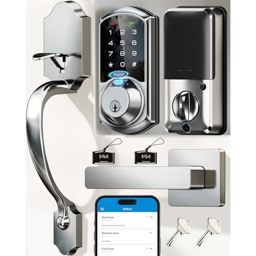 Veise VE07-H Fingerprint Smart Locks for Front Door with Handle Set, App Control, Keyless Entry Keypad Deadbolt, Digital Electronic Touchscreen, Easy Install, Auto Lock, Satin Nickel Satin N