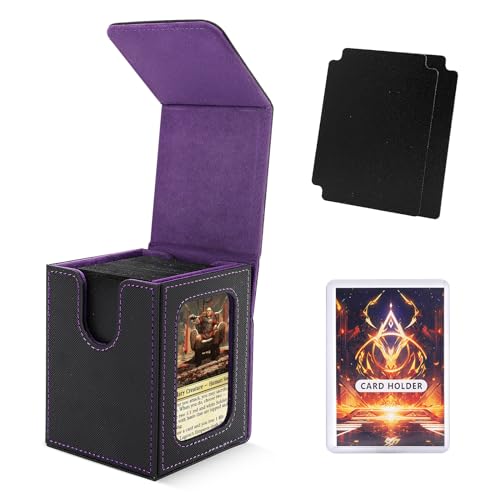 Scimi MTG Deck Box for Commander Display,Card Deck Case Fits 100 Double Sleeved Cards, Magic Commander TCG Card Leather Storage Box with 2 Dividers and 1 Toploader (Black/Purple)