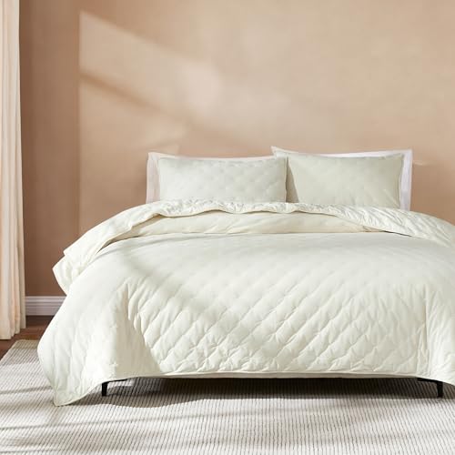 Image of Lush Decor - Quilt Set, 3-Piece Cozy Velvet Bedding with Matching Shams, Embroidered Stitch Design (Haven Cream, Full /Queen)