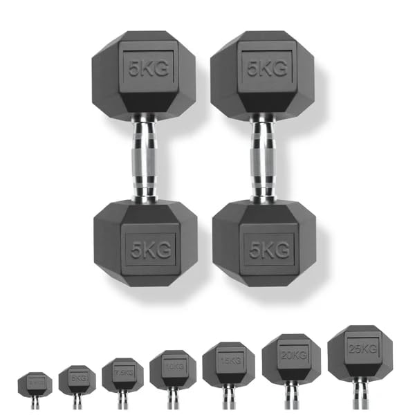 Strongway Hex Dumbbells Set Rubber Coated Cast Iron Weights 2.5KG - 35KG - Gym Strength Training Weight Lifting Equipment Exercise Men Fitness (2 X 5KG)